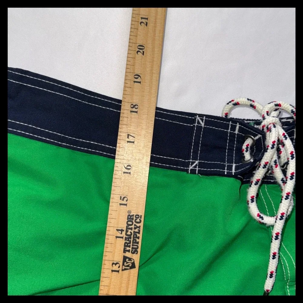 Lands' End Swim Trunks Mens L Green Navy Striped Board Shorts Beachwear